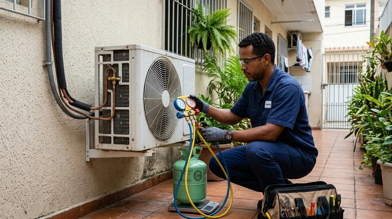 Técnico fazendo carga de gás na condensadora do ar-condicionado em Santa Maria‑RS