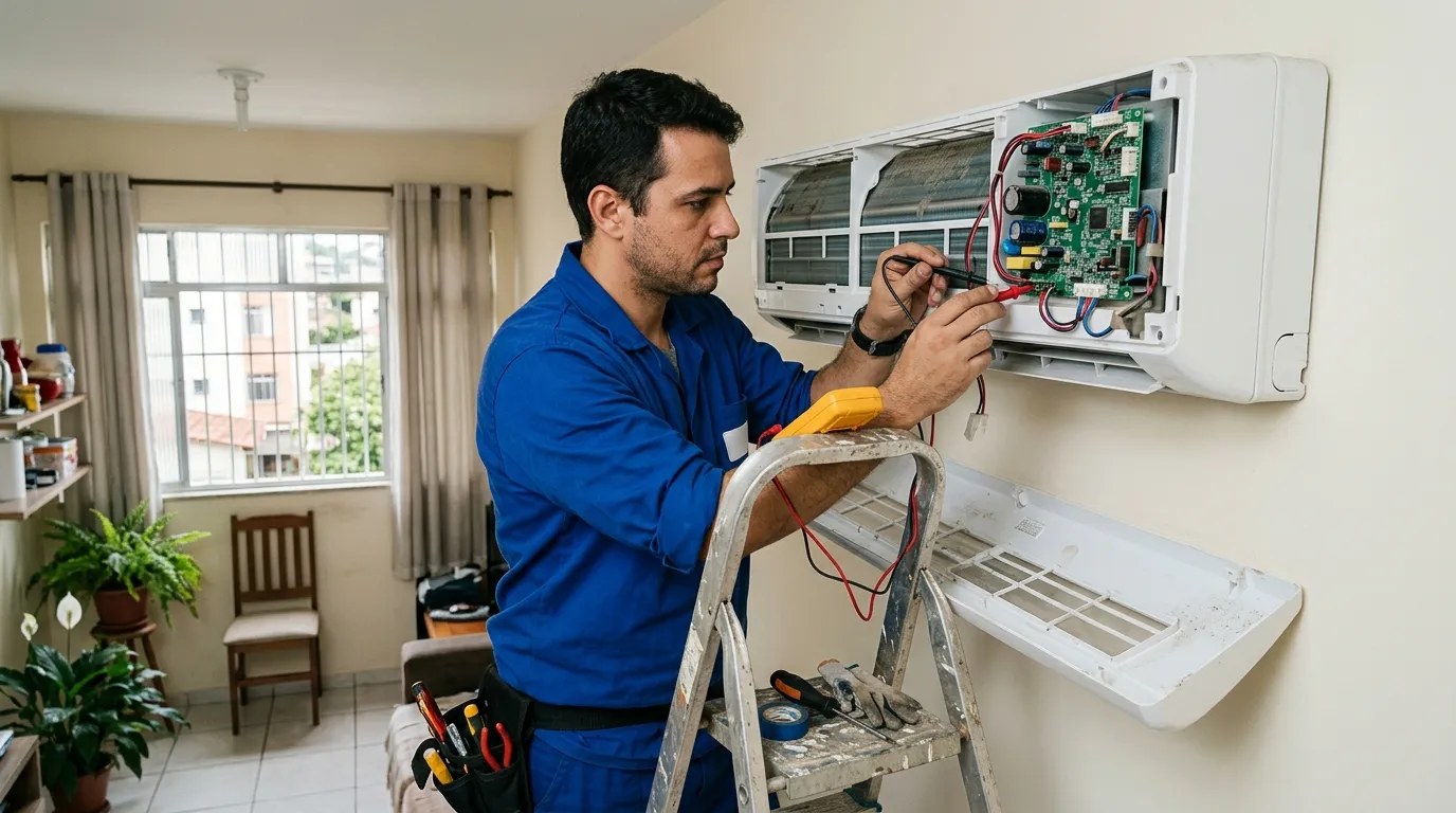 Técnico trocando a placa eletrônica de ar-condicionado split em Santa Maria‑RS