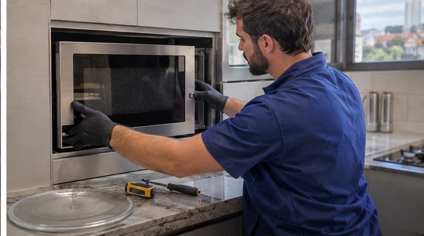 Conserto de micro-ondas de embutir em Santa Maria‑RS: técnico encaixando o aparelho no armário