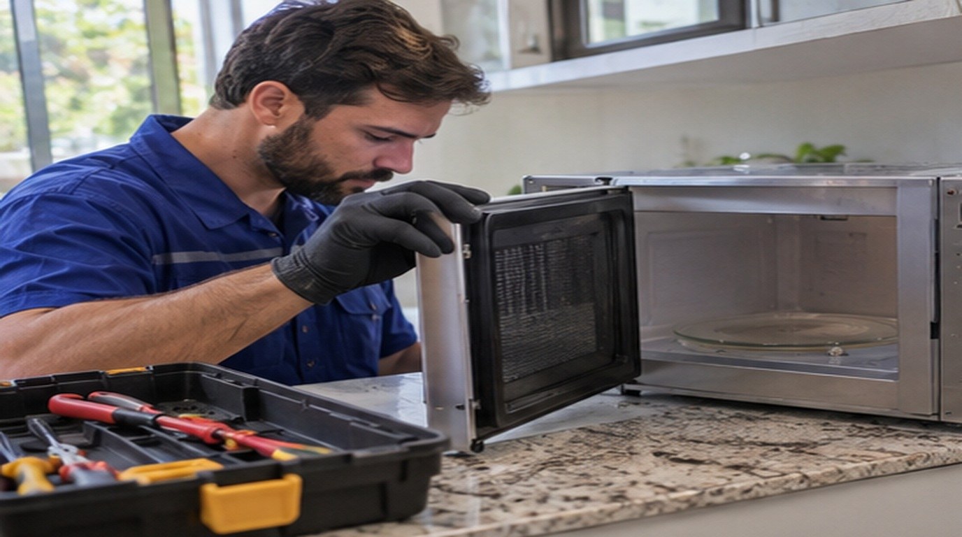 Conserto de micro-ondas em Santa Maria‑RS: técnico abrindo um micro-ondas de bancada
