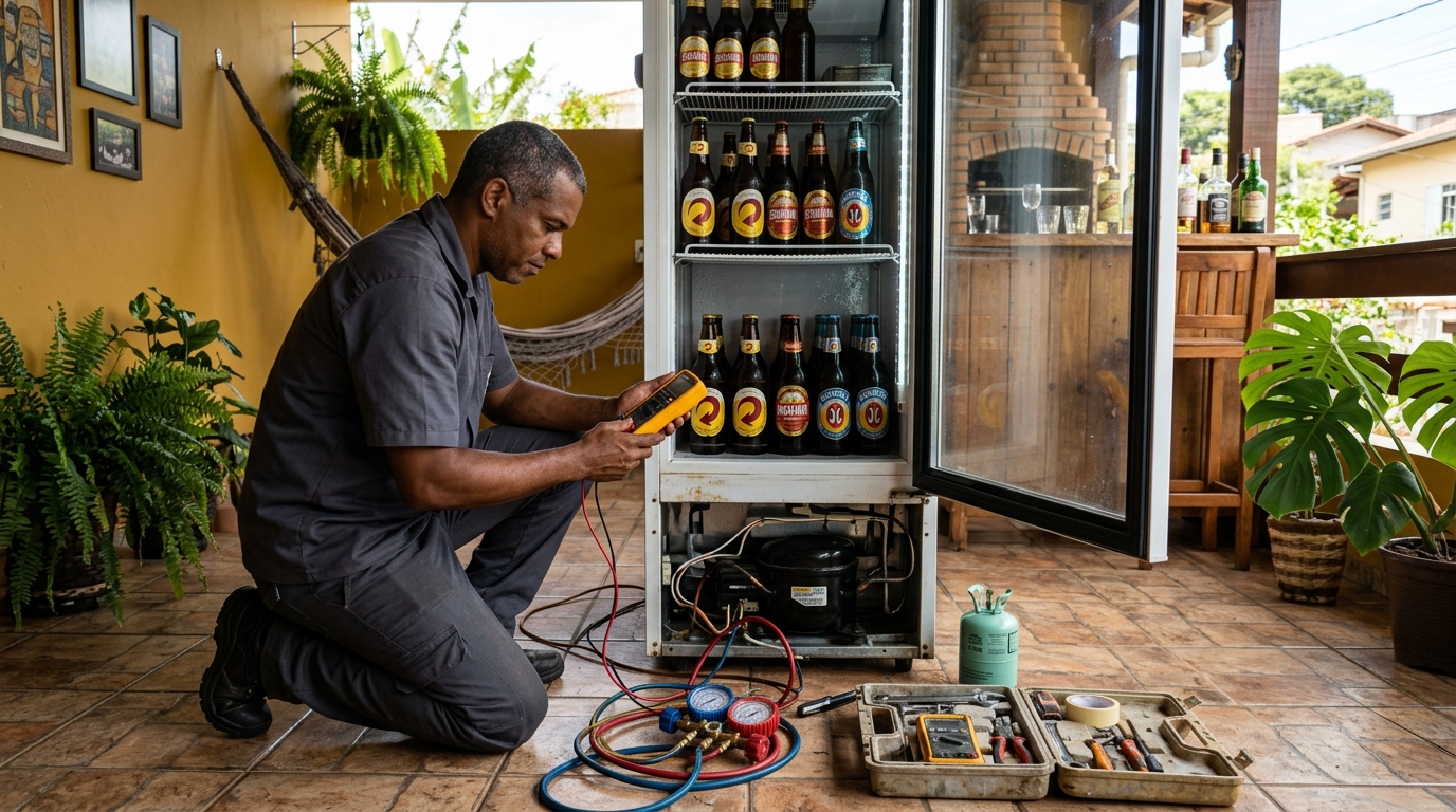 Placa eletrônica de cervejeira em reparo na bancada em Santa Maria‑RS