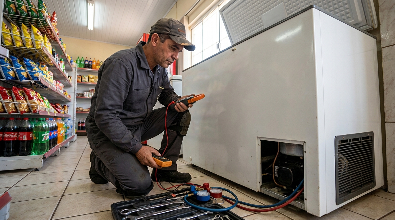 Reparo da placa eletrônica de um freezer em atendimento no Centro, Santa Maria‑RS