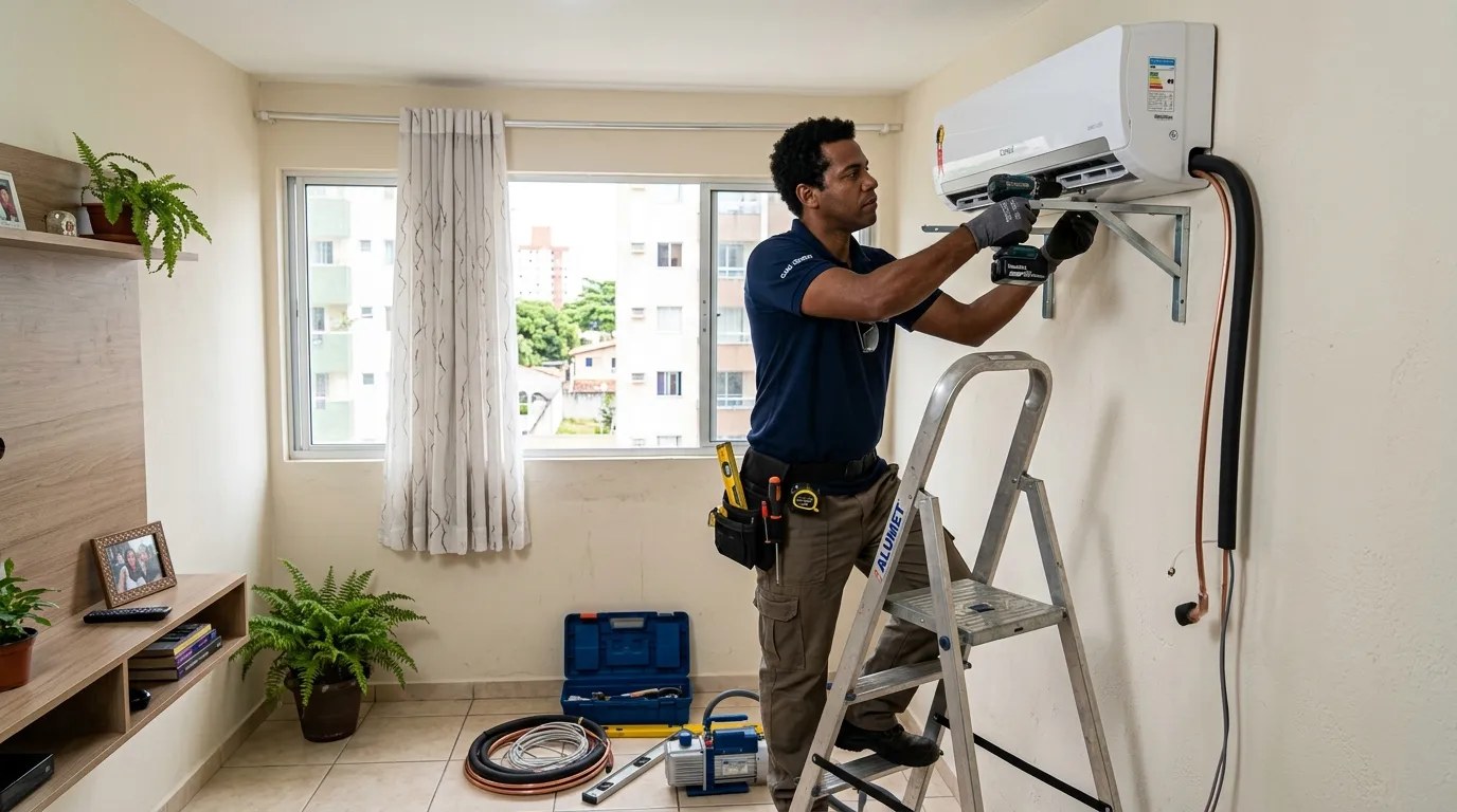 Técnico instalando ar-condicionado split em residência em Santa Maria‑RS