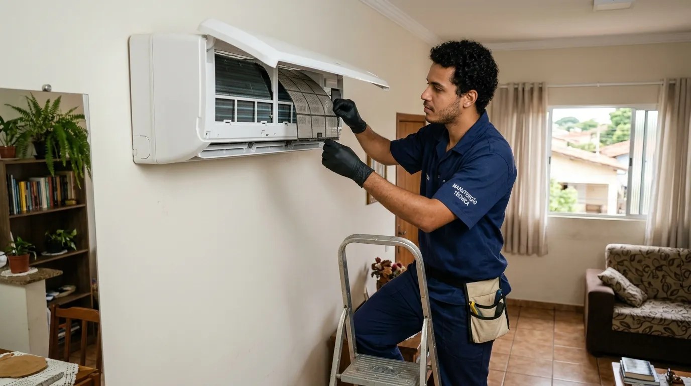 Técnico fazendo limpeza e higienização de ar-condicionado split em Santa Maria‑RS