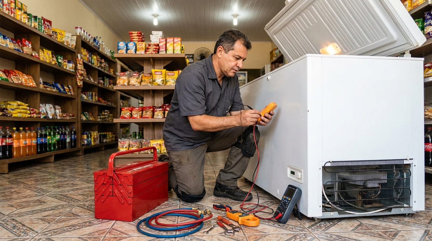 Manômetro conectado ao circuito durante recarga de gás de freezer no Centro, Santa Maria‑RS