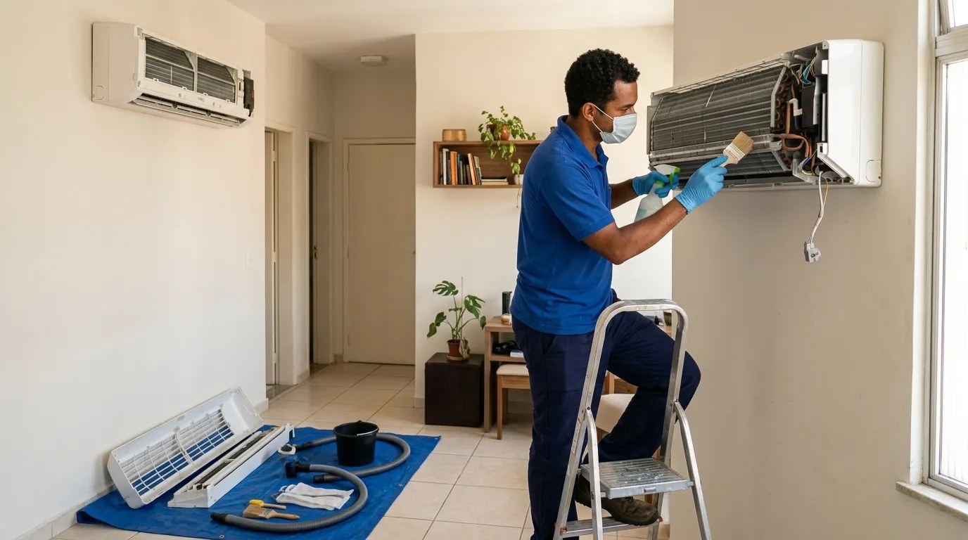 Técnico fazendo manutenção de ar-condicionado split em Santa Maria‑RS
