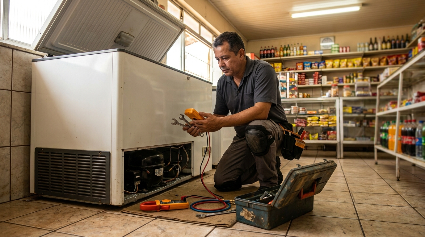 Técnico avaliando um freezer vertical durante atendimento no Centro, Santa Maria‑RS